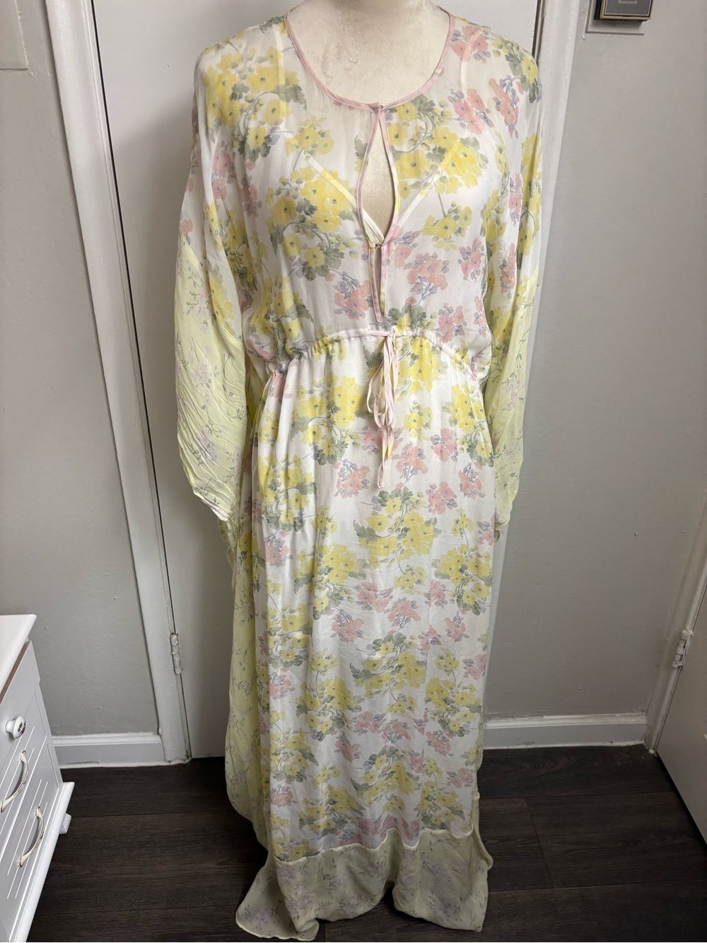 LoveShackFancy Sheer Floral Maxi Robe in Yellow, Pink and Cream